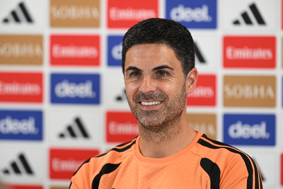LONDON COLNEY, ENGLAND - AUGUST 20: Arsenal manager Mikel Arteta attends a press conference at Sobha Realty Training Centre on August 20, 2026 in London Colney, England. (Photo by Stuart MacFarlane/Arsenal FC via Getty Images)